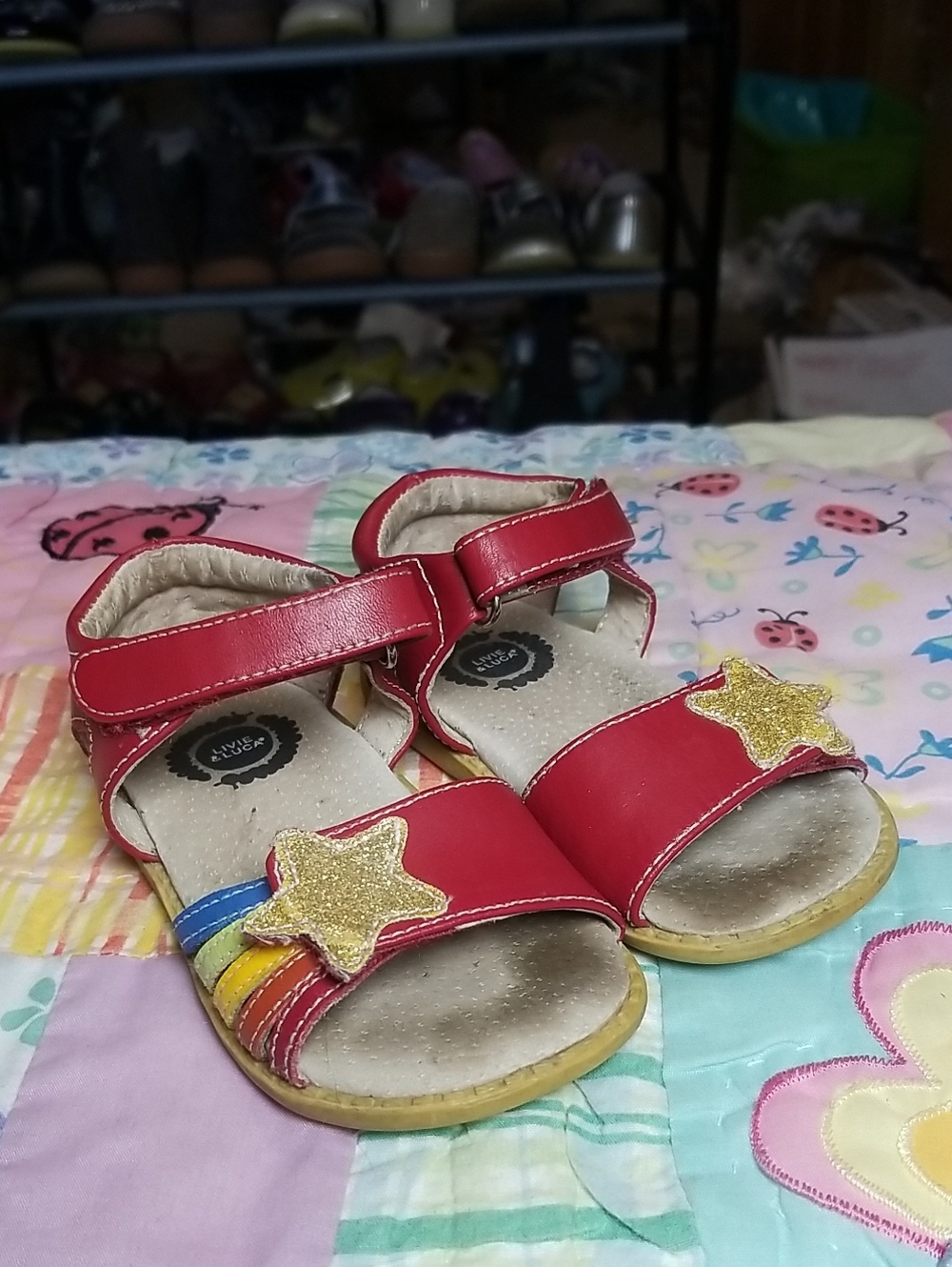 Livie & Luca Red Adjustable Leather Sandals with Gold Glitter Stars & Rainbow 6